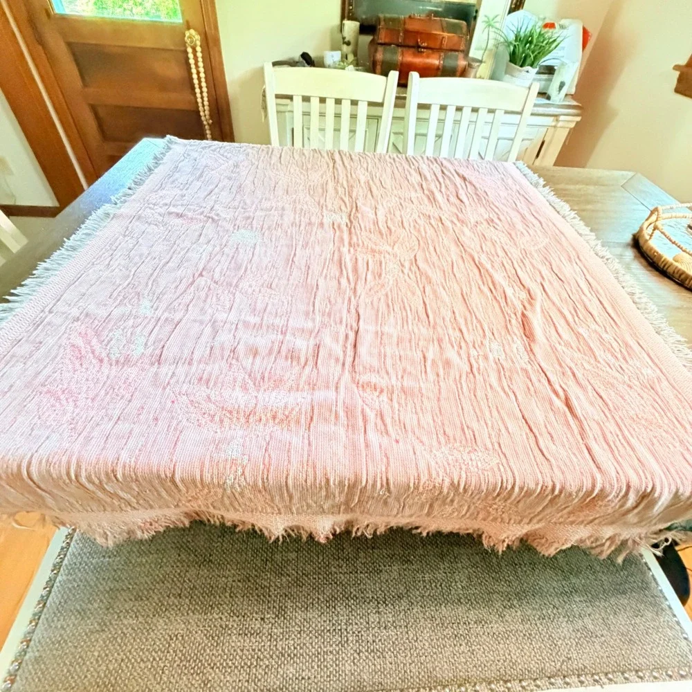 90s Cresswell 100% Cotton Woven Floral Throw Blanket Fringed Botanical 62x84